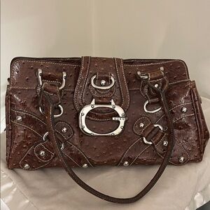 Vintage Guess Brown Ostrich-Effect Leather Satchel with Silver Hardware